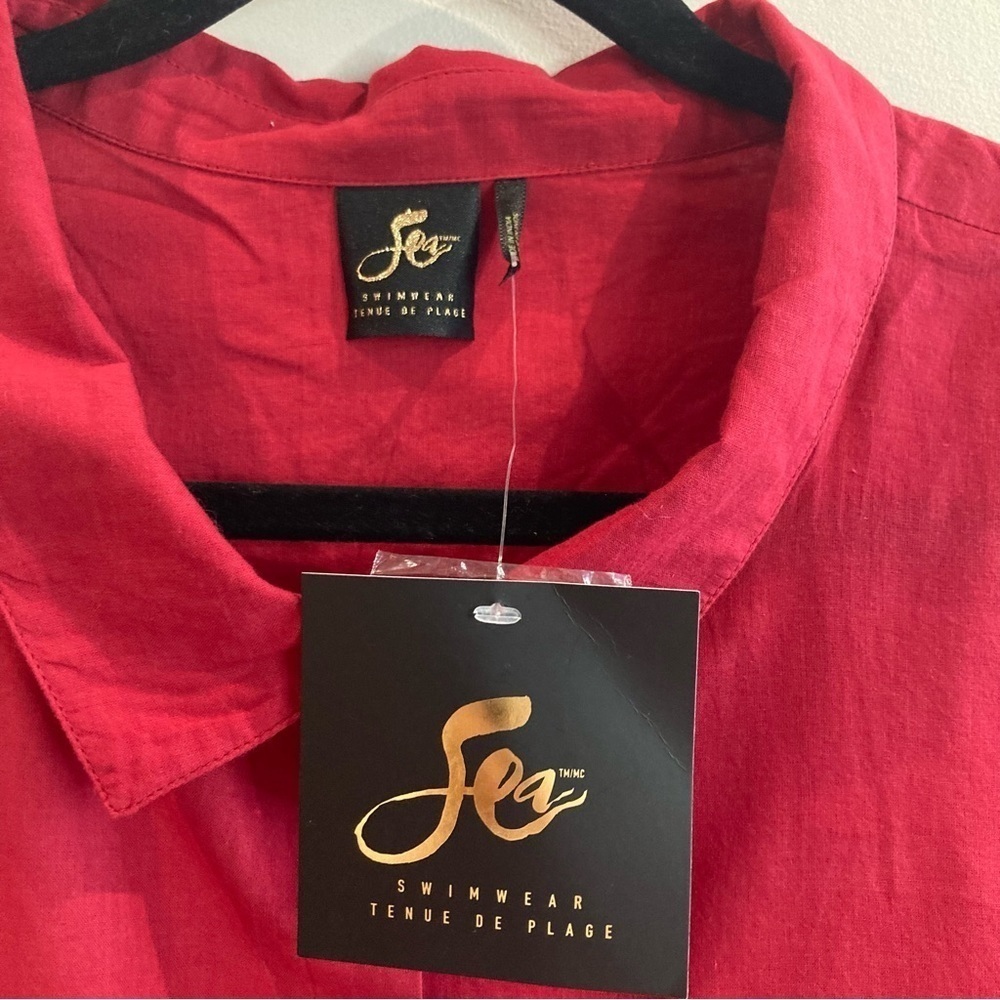 SEA SWIMWEAR Sz 5X Button Down Roll Tabs At Sleeves Scalloped Hemline Shirt NEW - Picture 7 of 10